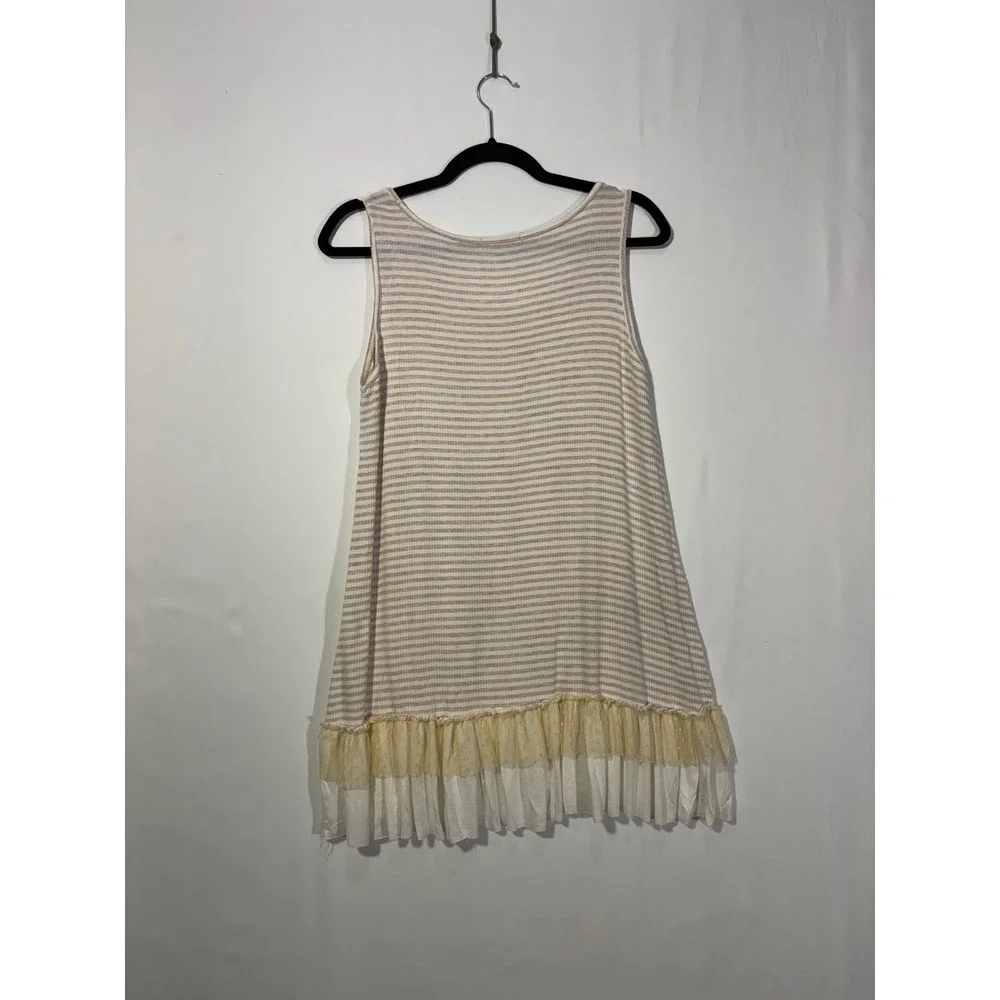 Boho Cottagecore Easel Striped Ruffle Hem Tank Top Womens Small Tan White - Picture 2 of 7